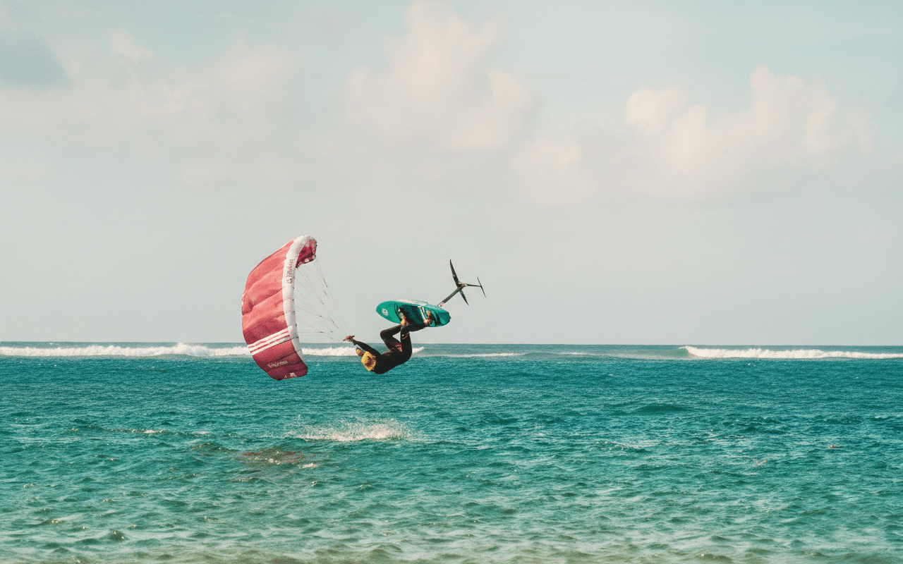 Rider en kite foil réalisant une figure freestyle au-dessus de l'océan 
