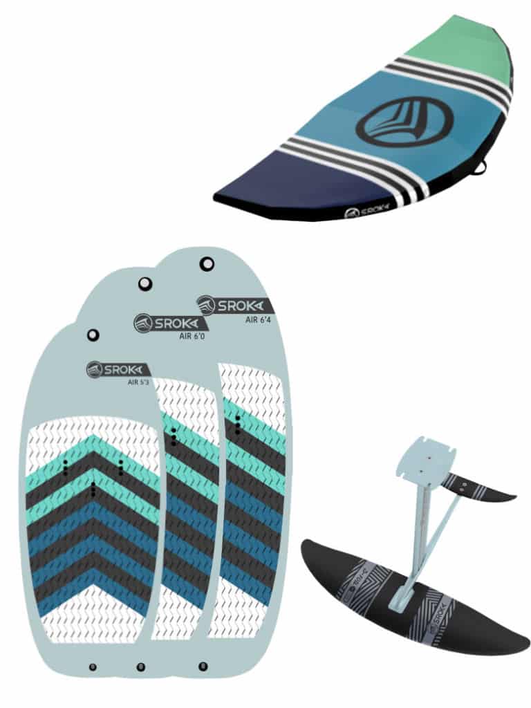 Pack complet pour la pratique du wingsurf avec une planche gonflable de la marque Sroka